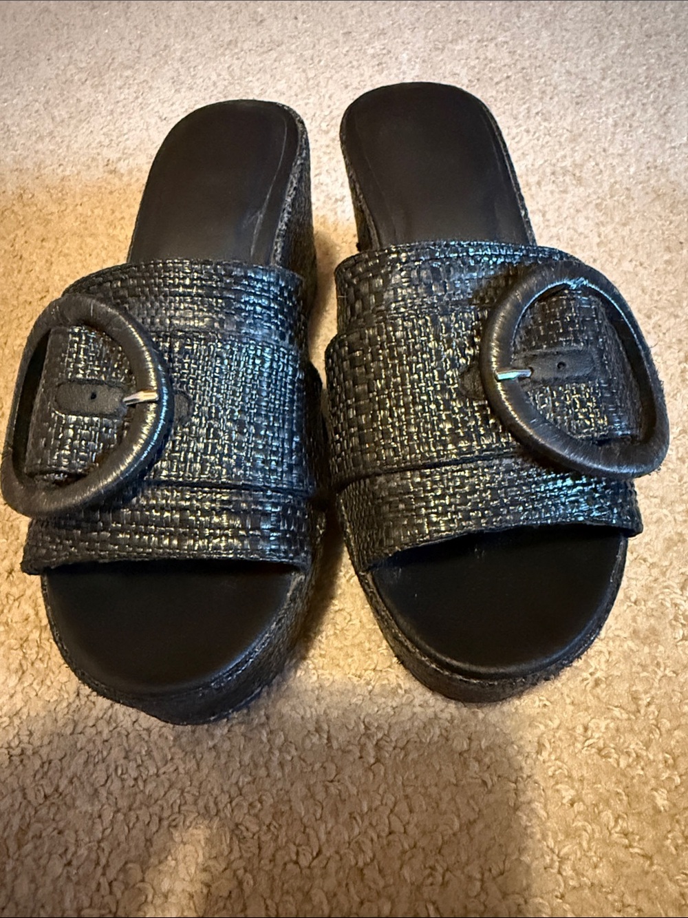 Black Woven Slide Sandals with Statement Buckles